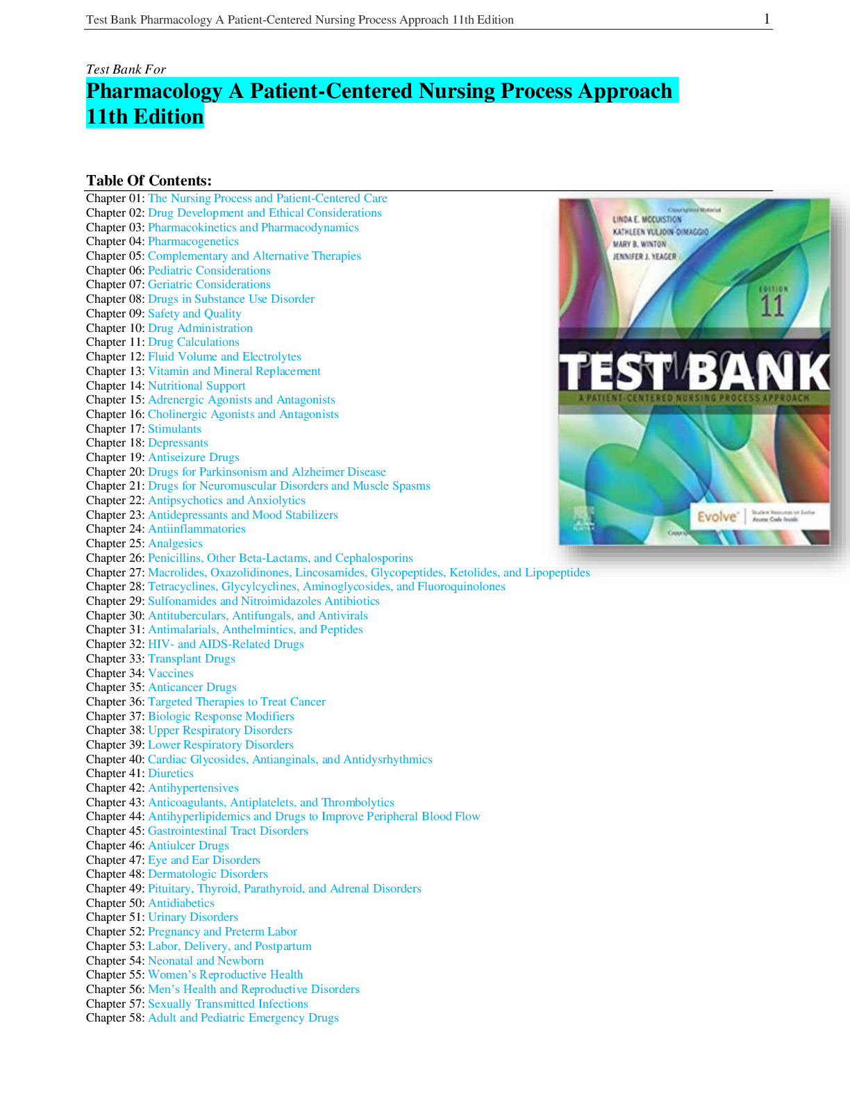 Preview of Test Bank Pharmacology A Patient-Centered Nursing Process Approach 11th Edition Chapter 1-